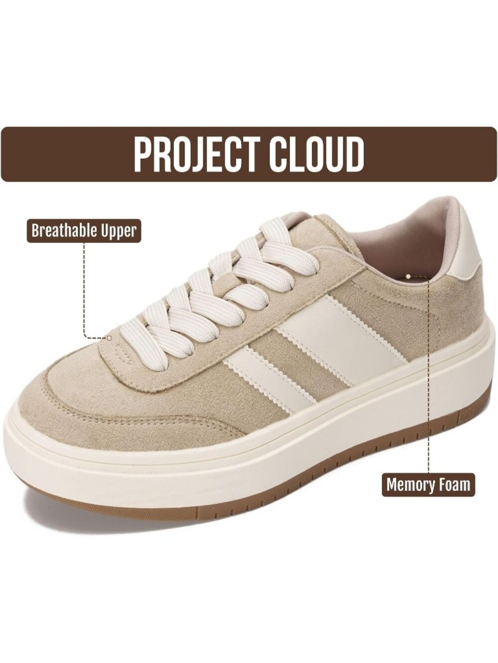 Project Cloud Women's Taupe Memory Foam Insole Footwear Platform Sneaker Shoes - Picture 2 of 6